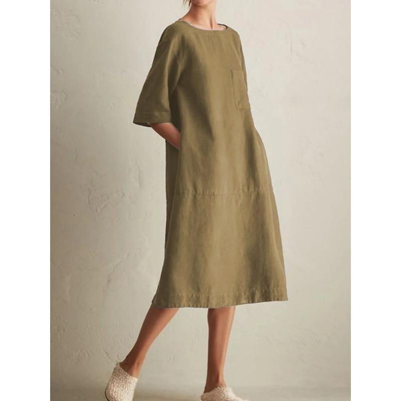JPNTKY Fashion Summer Spring Solid Color Print  1/2 Sleeves O-Neck Casual Dresses