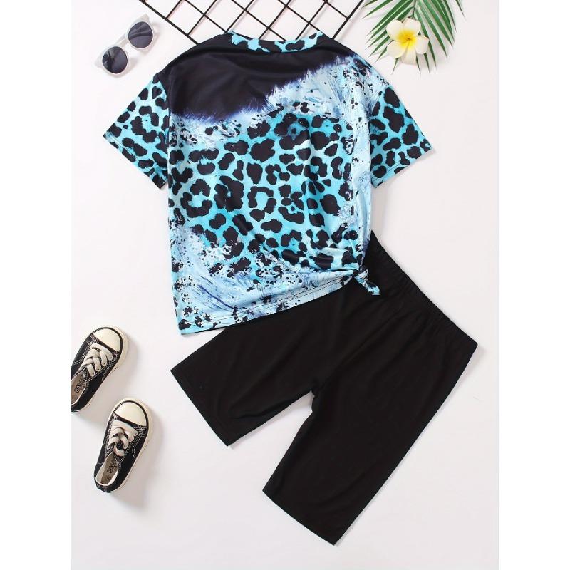 Tweedelig Casual Set met Luipaardprint voor Meisjes - Zacht, Ademend en Comfortabel T-shirt + Stijlvolle Bermuda Shorts - Perfect voor Zomerse Dagelijkse Kleding,