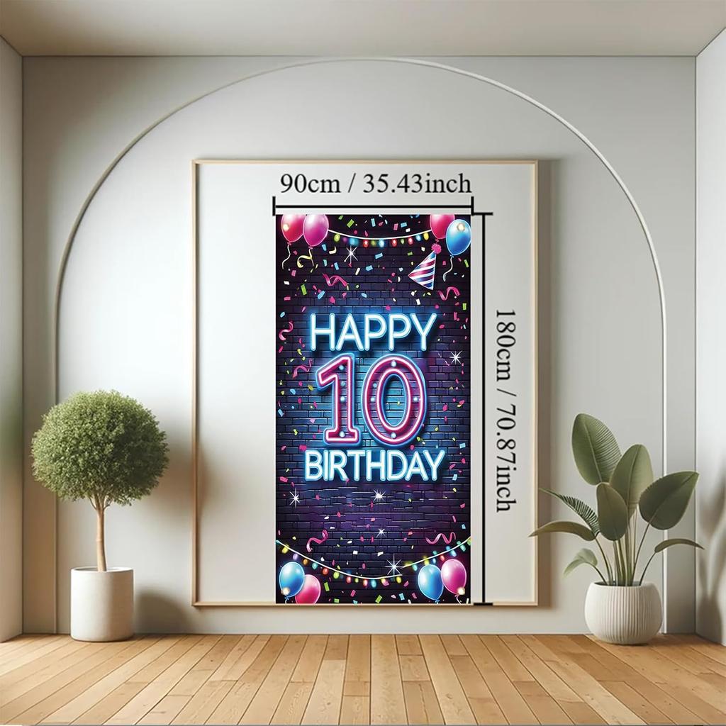 10th Birthday Door Cover Neon Party Decoration Colorful Balloon Gift Banner for Kids Teen Celebration Entrance Boys Girls Photo Booth Backdrop