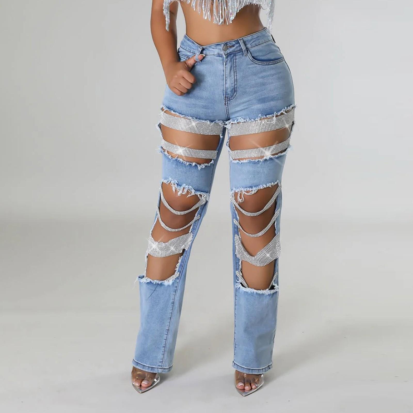 

Сломанные дырки Тяжелая промышленность гвоздь бисер эластичные джинсы брюки для женщин XL светло-синий