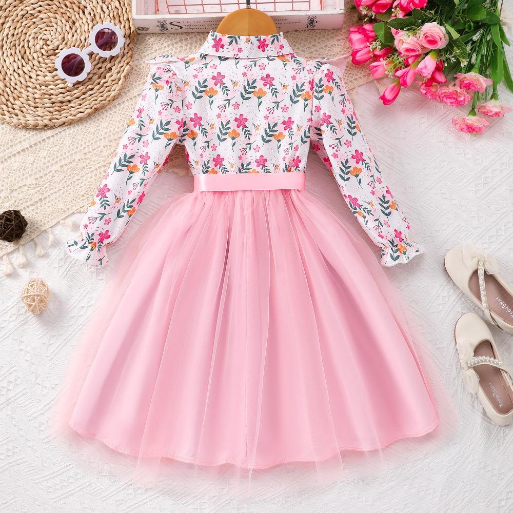 2-7 Years Girls' Floral Print Mesh Dress with Collar and Belt Girls Spring Autumn Winter Dress