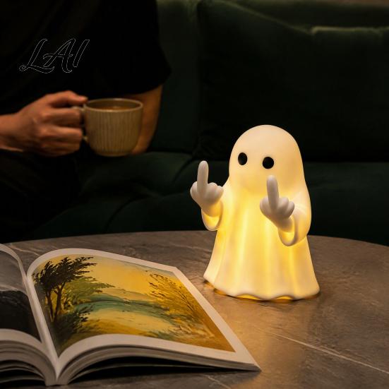 Unique Mystery Home Accent Halloween Ghost Lamp Cute Middle Finger Ghost/Reading Book Night Light Funny Decorative Hallway Lights Spooky Figurine