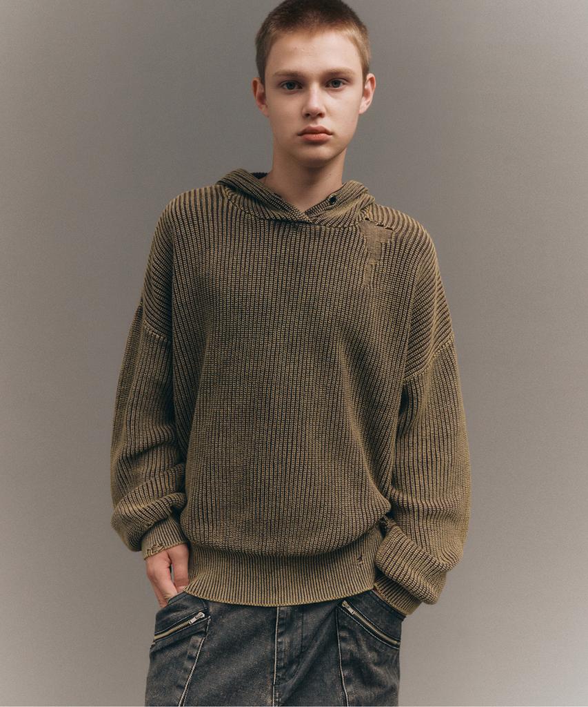 BIG UNION Dying Washed Knit Hoodie / Dark Brown