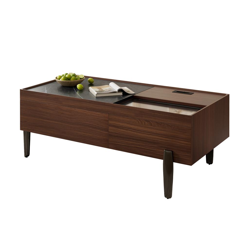 Modern Coffee Table with Drawers & Glass Top – Dark Brown Wood Design, Wood Grain in Marble Look, Metal Legs & Lots of Storage Space for Living Room