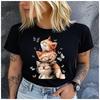 Women's Polyester 100% Three Cats Standing On Top of Each Print T-shirt Loose Round Neck Casual Short Sleeve Fashion Top Summer