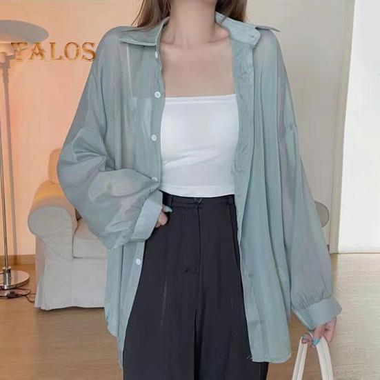 Women Shirt Lapel Long Sleeve Single Breasted Shirt Tops Solid Color Loose Fit See-through Glossy Fabric Sunscreen Thin Shirt