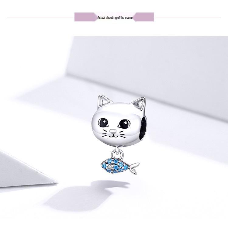 Yinziyun S925 Silver Cat & Fish Beads with Oil Drop Design - Cute DIY Jewelry Accessories (BSC226)