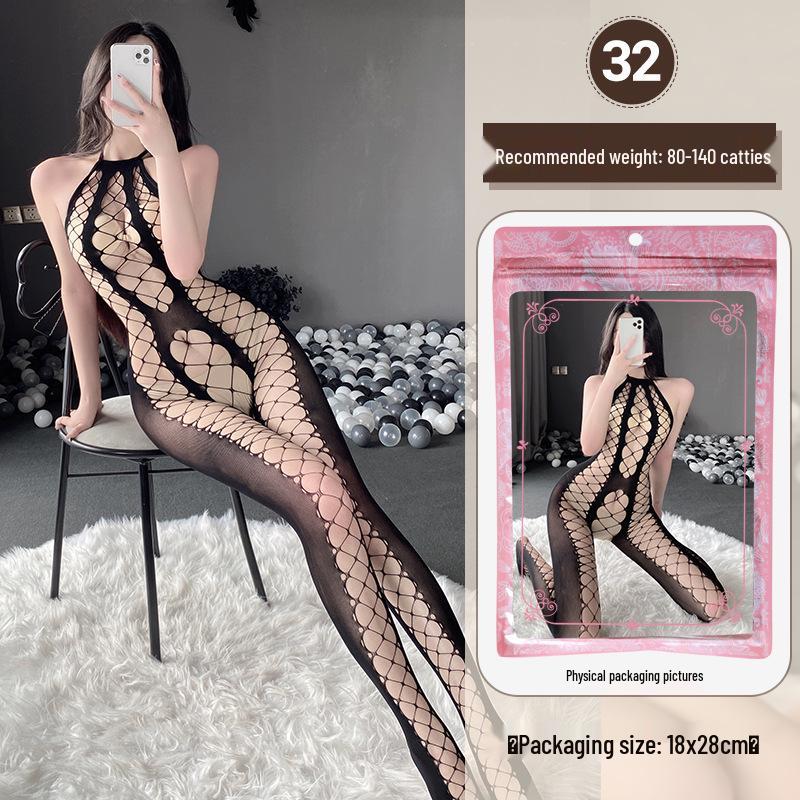 Linlinting Plus Size Sexy See-through Cutout Bodysuit with Open Crotch Stockings Set