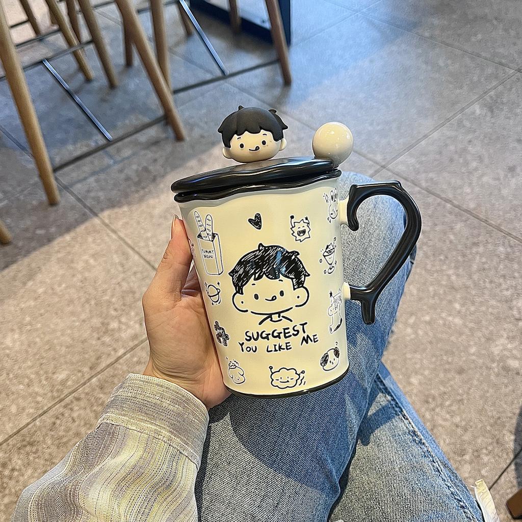 Cute Graffiti Ceramic Cup Couple Mug With Lid Spoon Household Drinking Cup Niche Design Breakfast Cup