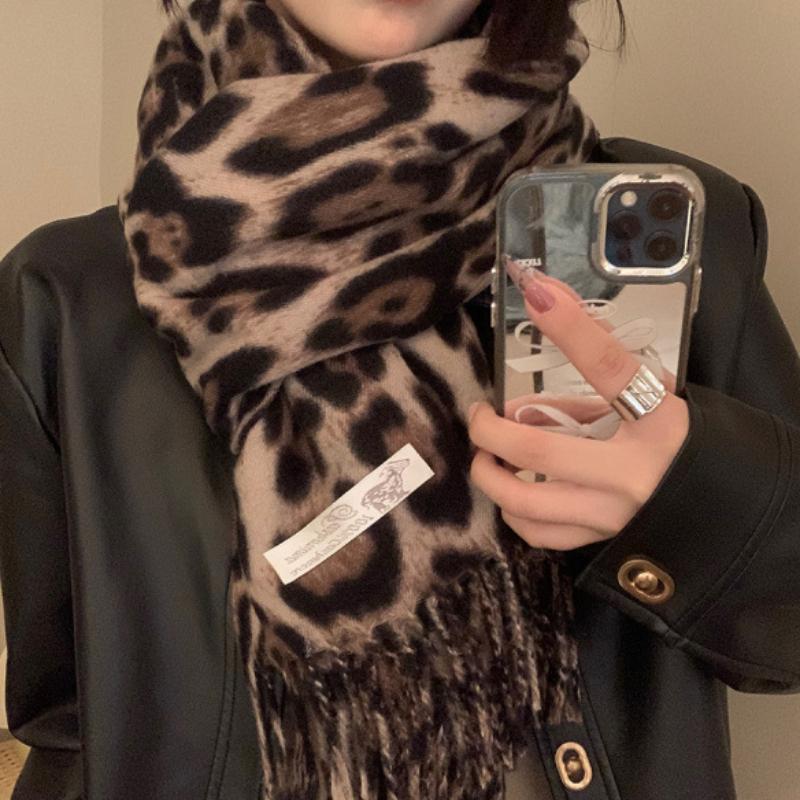 Leopard Print Thickened Warm Fleece-Like Cashmere Scarf Autumn Winter European & Korean Style Fashion Versatile Fringed Shawl