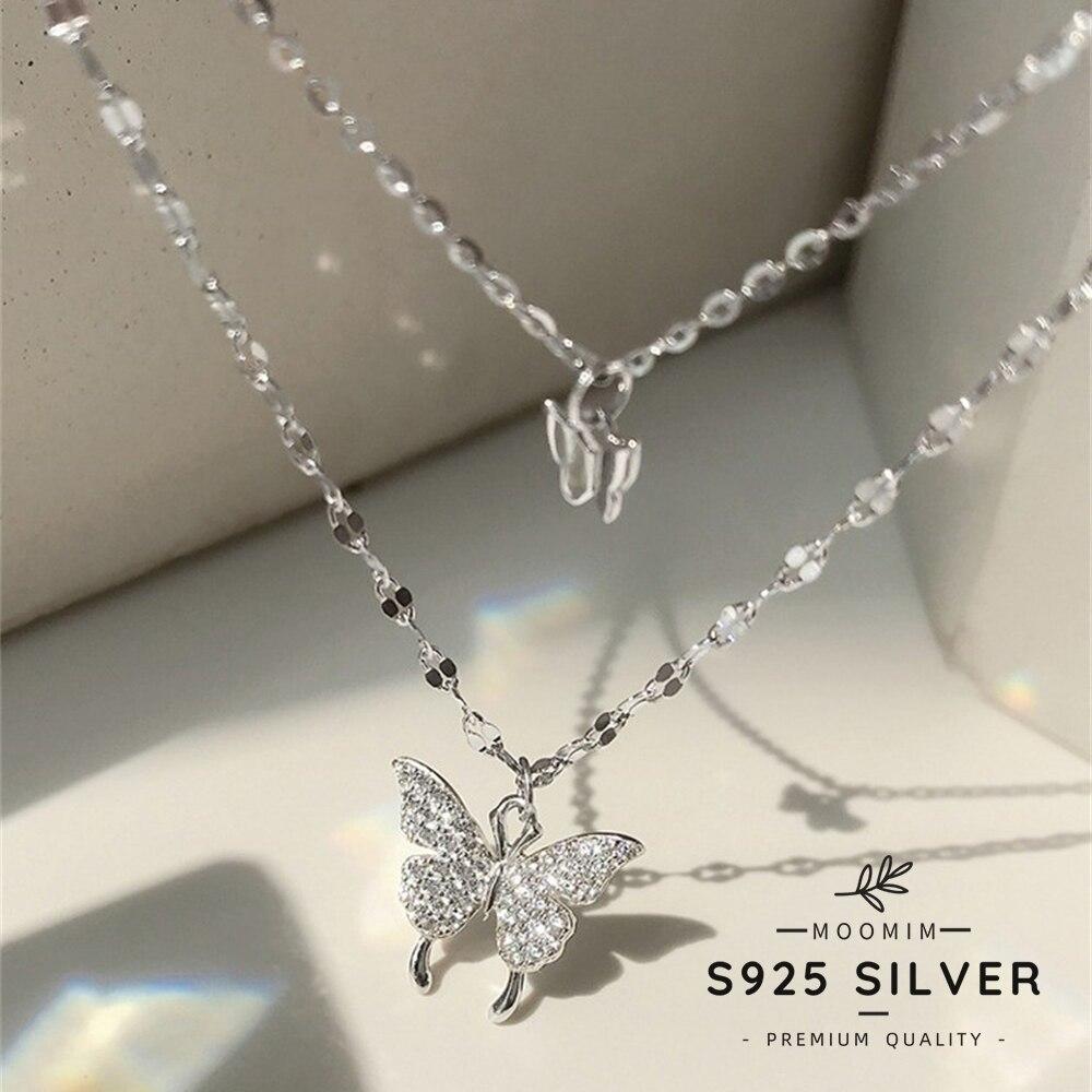 Korean Design Silver Butterfly Necklace Double Layer with Zircon for Ladies Girl Gift Wedding Daily Wear S925 Fine Jewelry
