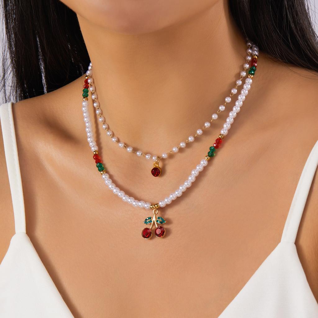 

Romantic Heart Pearl Choker Necklace With Cherry And Strawberry Charms For Girls Style C
