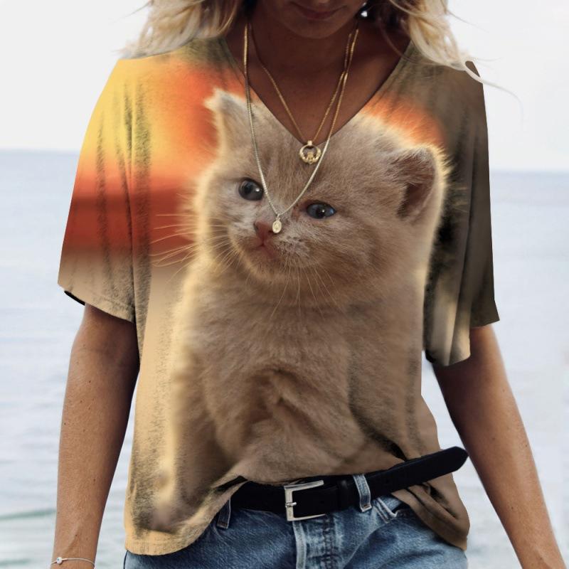 Ladies' T-shirt Cute Kitten Digital Printed Casual V-neck Short Sleeved Clothing Loose Top Shirt