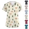 Women's Fashion Short Sleeve Christmas Print V-Neck Pocket Workwear Tops