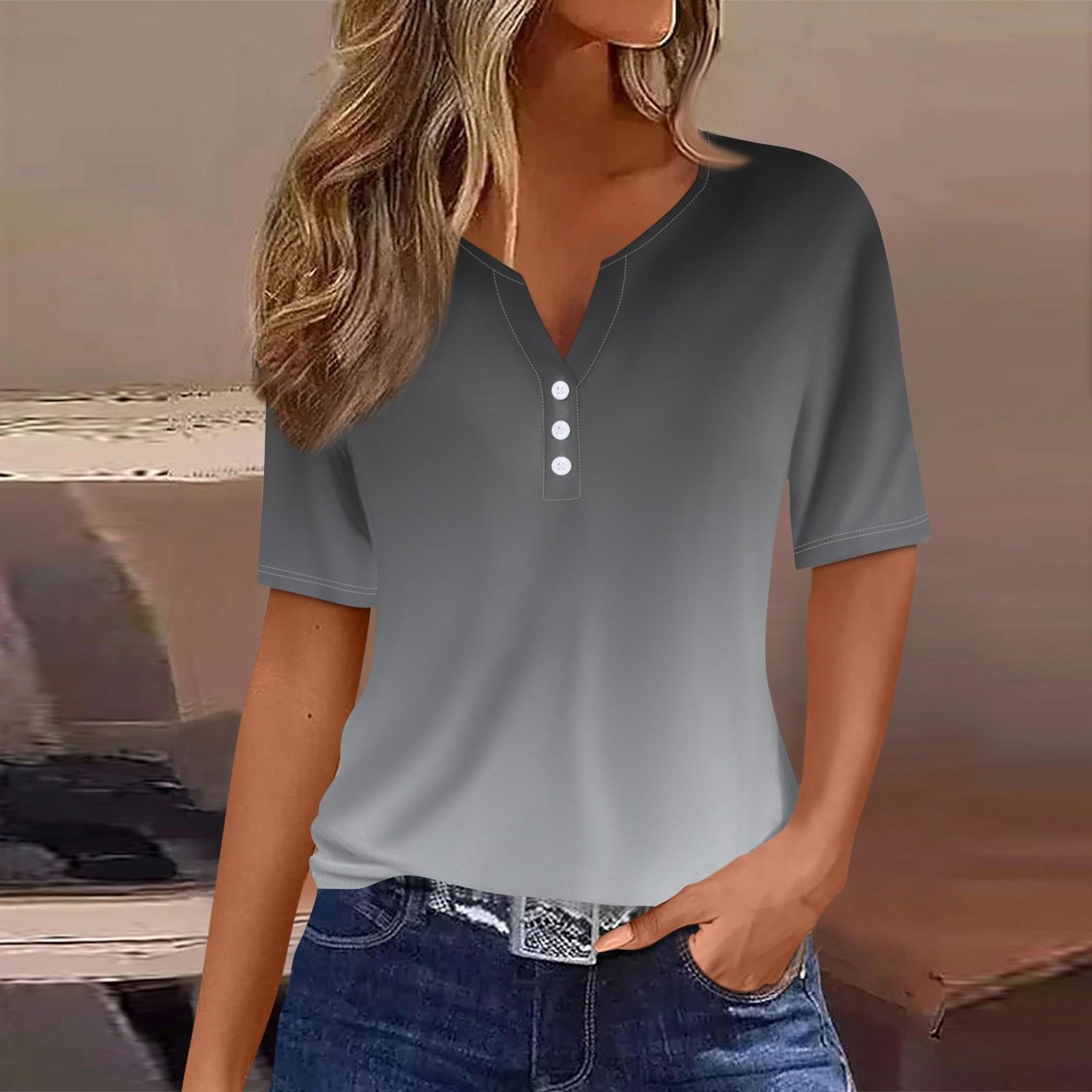 

Женская футболка с принтом на пуговицах, короткий рукав, туника, повседневная мода на выходные, базовый топ с V-образным вырезом L