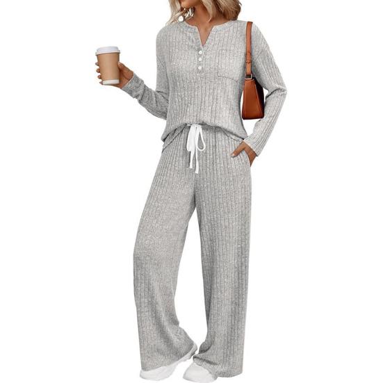 Women's 2 Piece Lounge Outfits Casual Long Sleeve Top Wide Leg Pants Pajamas Set Ribbed Sweater Sleepwear