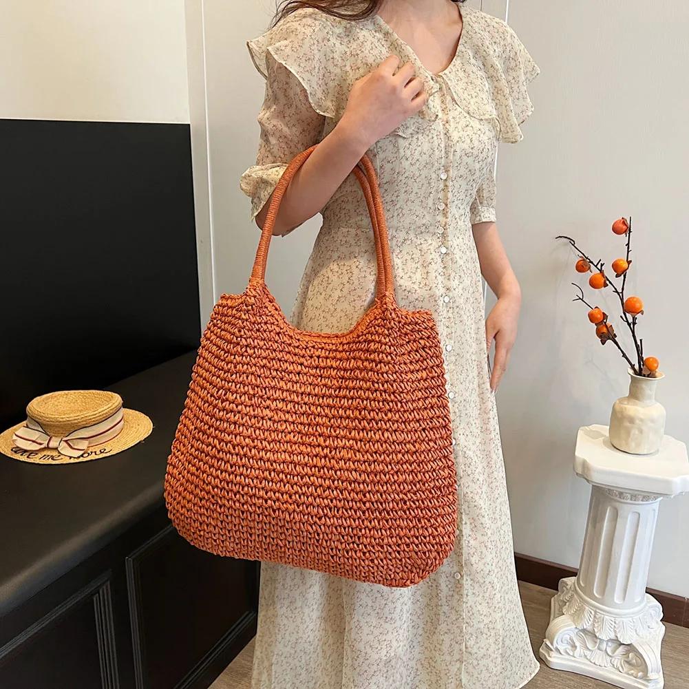 Large Capacity Weaving Underarm Bag Summer Straw Crochet Women Tote Handbag Hasp Closure Retro Beach Shoulder Bag Daily Bag 2025