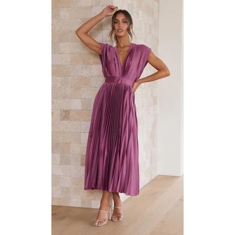 Women's Pleated Midi Dress Sleeveless V Neck Fit and Flare Elegant Party Dress