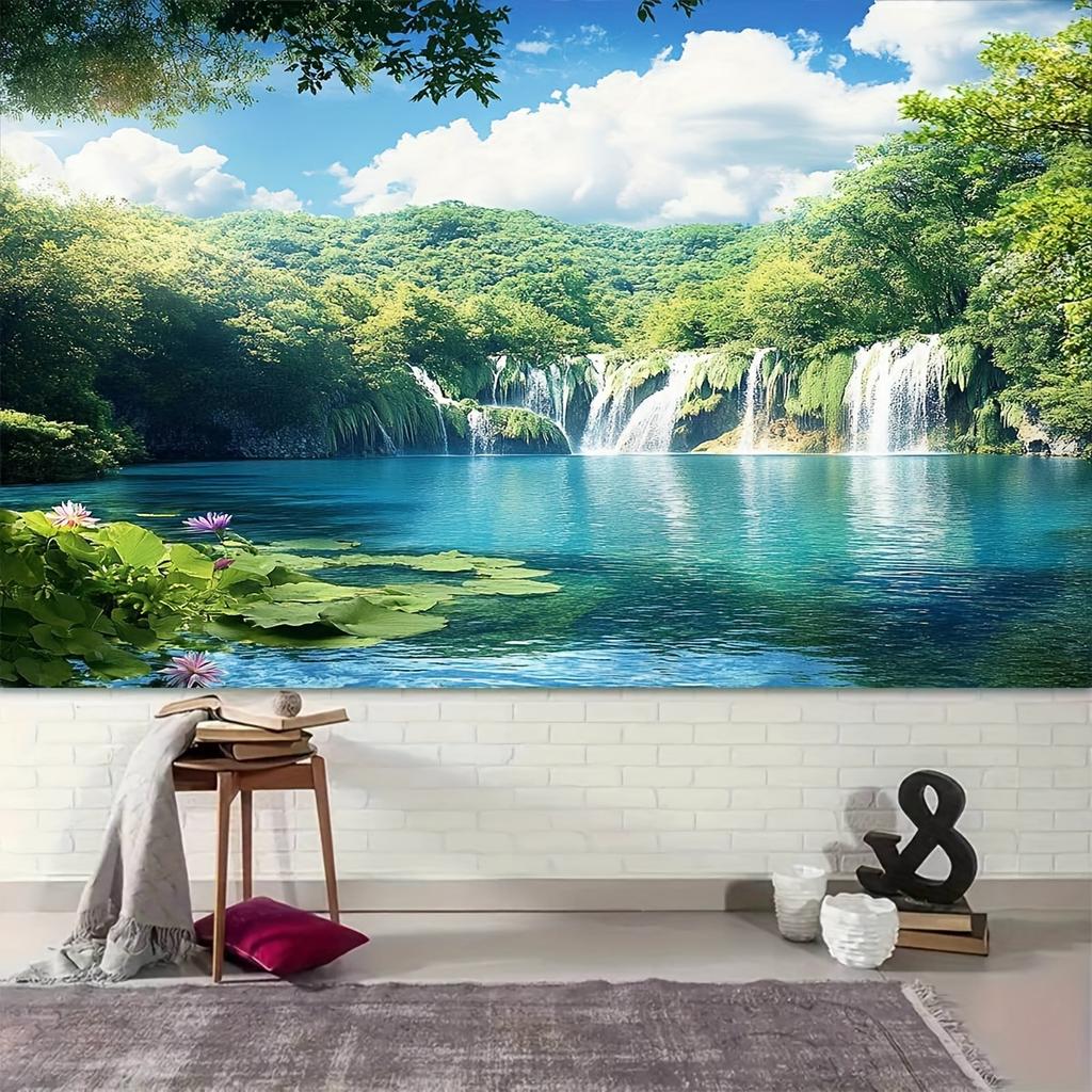 Peaceful Forest Lake Waterfall Background Banner Natural Theme Photo Background for Parties and Indoor/Outdoor Activities