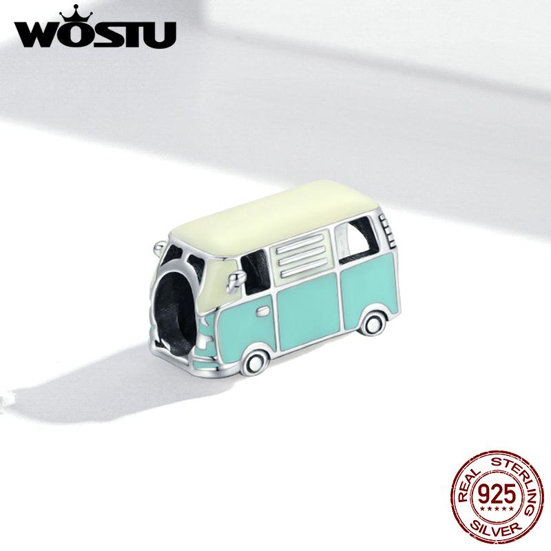 WOSTU Colorful Car Charm 925 Sterling Silver Pumpkin Car Bead Bicycle Zirconia Enamel Pendant Fit Original Bracelet DIY Jewelry