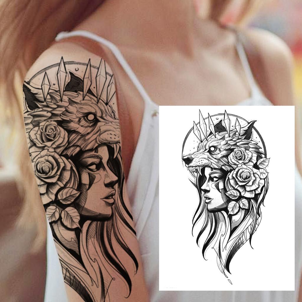 Sexy Tiger Flower Temporary Tattoo For Women Girl Skull Leopard Lion Tattoos Sticker Black Fake Tribal Animal Large Wasit Tattos