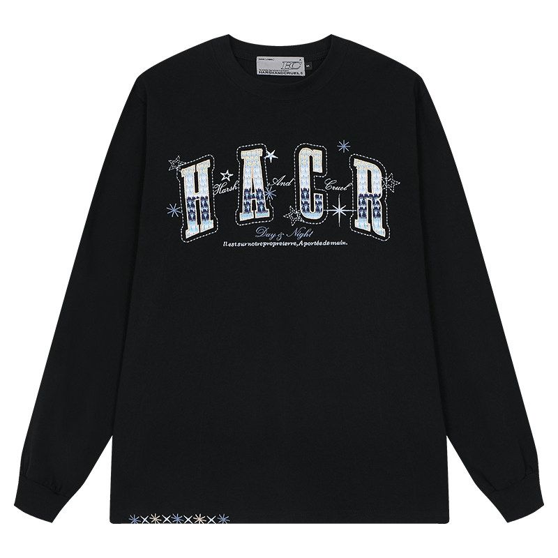 Hacr Ethnic Style Woven Patch Embroidered Long-Sleeved T-Shirt Early Autumn National Trend Loose Couple Wear T-Shirt for Men and Women