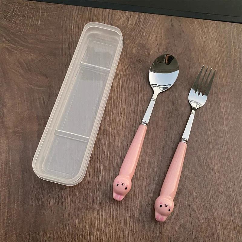 Stainless Steel Cartoon Knife Fork Spoon Kitchen Dinnerware Animals Glossy Ceramic Handle Set With Box For Dessert Steak