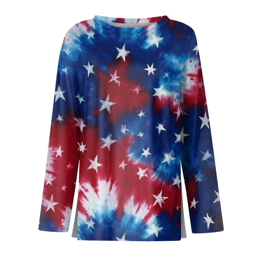 Women's Fashion Casual Slit Hem Round Neck Long Sleeve Loose Printed T-Shirt Ladies Top