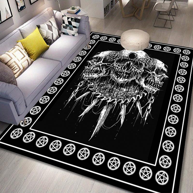 Gothic Skull Rug with Pentagram Border for Living Room Decor | Unique Area Rugs | Home Decor Accessories Skid Resistant Carpet
