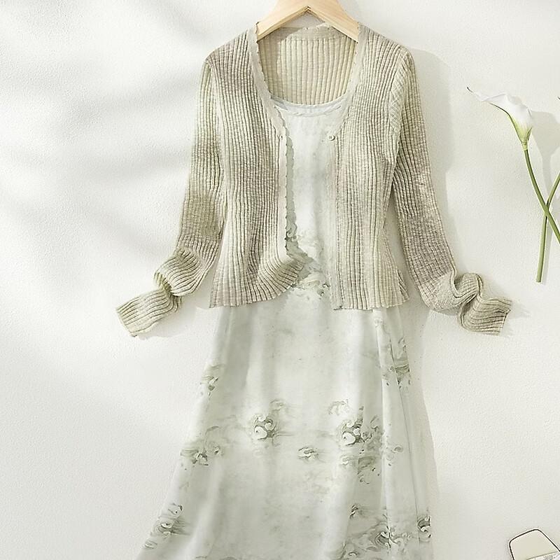 IHIMI Women's Knitted Cardigan & Jacquard Camisole Dress Two-Piece Set