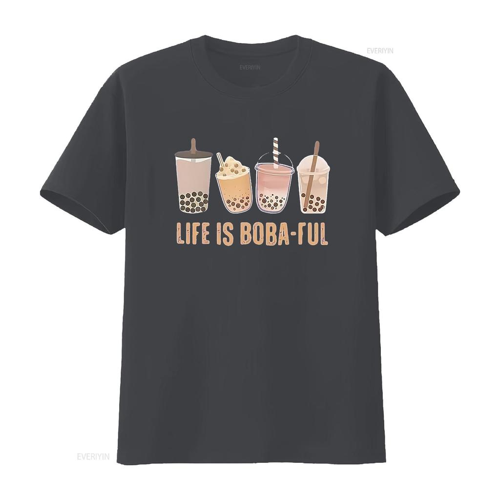 Life Is Boba Ful T Shirt For Women Cute Pearl Milk Tea Pattern Casual Funny Tops Lover GifT vintage Washed Versatile