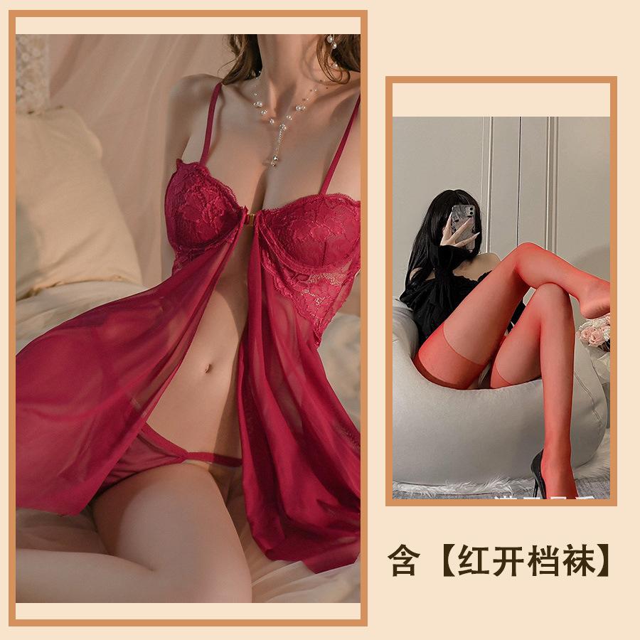 Sexy with Steel Tray Lace Seduction Pajamas Sexy Gathering Front Split Pajamas Women Hot Uniform Women