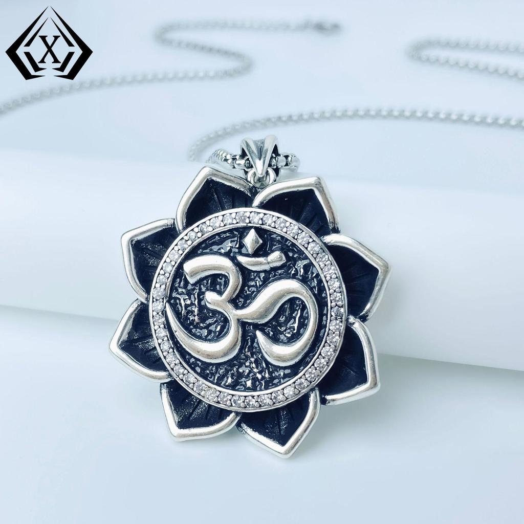 Xiweier Retro Lotus Pendant Necklace with Copper and Zircon for Men and Women