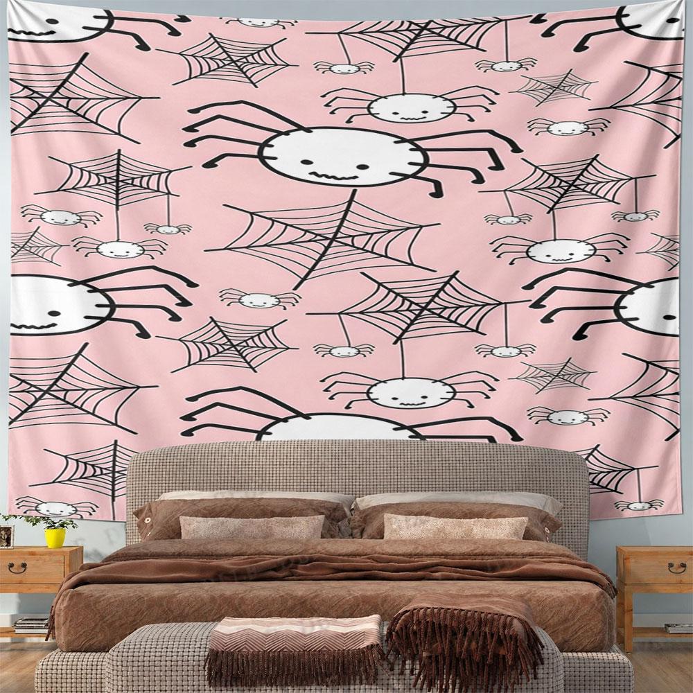 Cute Spider and Webs Pink Tapestry Design Pattern Wall Hanging Tapestry Decorative Tapestry Home Decor for Bedroom and Living Room