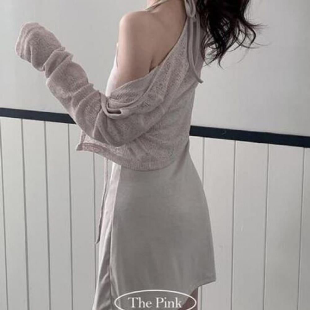 The Pink Women S Holter Neck Slim Fit Mini dreSS + Bolero Cardigan Set