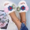 Flower Short Plush Cotton Slippers Women 2025 Autumn Round Toe Soft Thick Bottom Slides Sexy Faux Fur Outdoor Slippers
