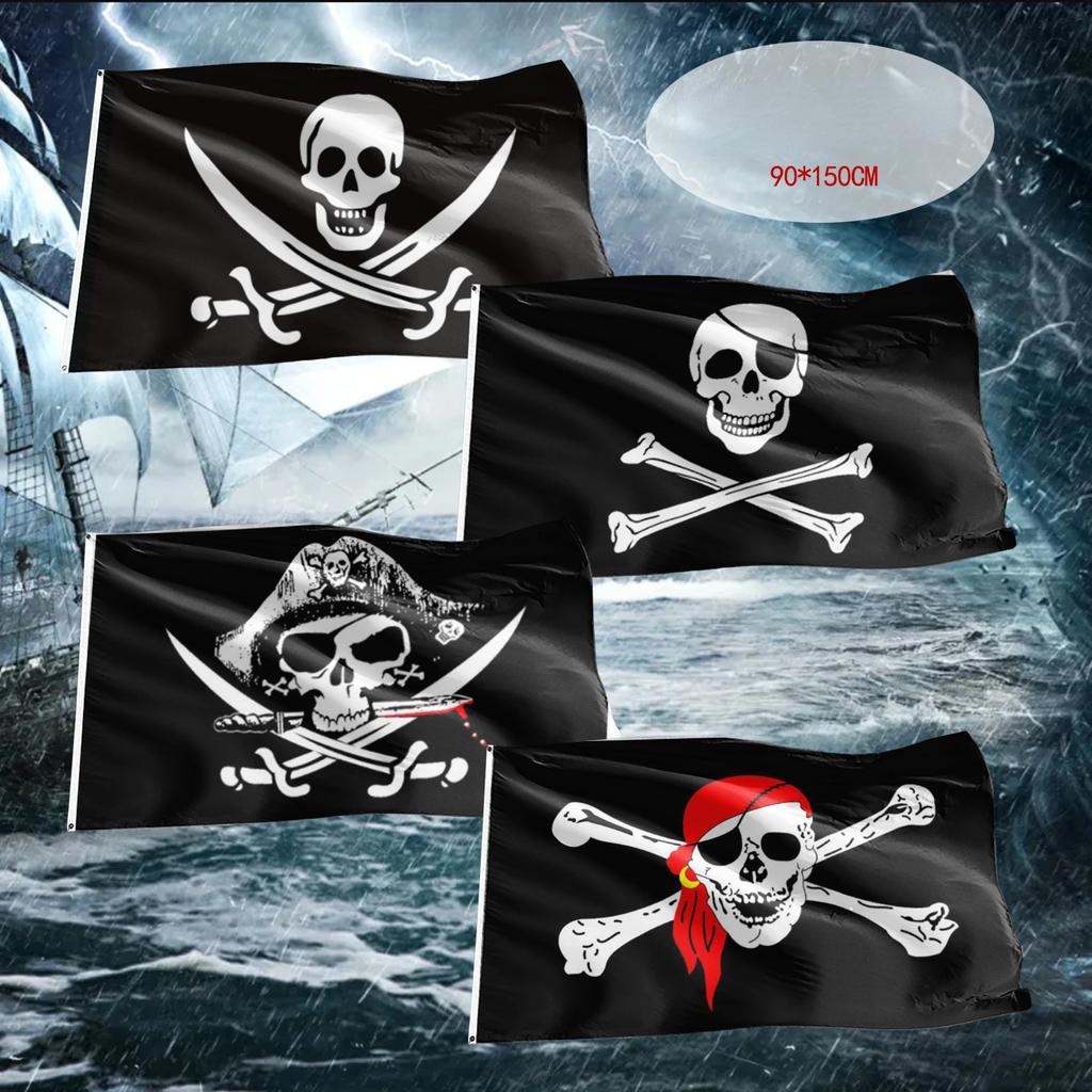 90*150cm Pirate Banner Pirate Theme Birthday Party Decorations Pirate Ship Skull Pennant Flags for Halloween Party Decor Cosplay