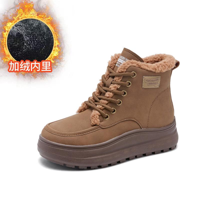 Lamb wool snow boots women's 2 autumn and winter non-slip fluffy shoes warm and piled thickened retro cotton boots thick-soled short boots