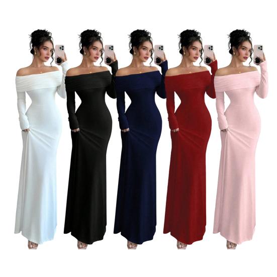 Women Off Shoulder Bodycon Maxi Dress Formal Long Sleeve Evening Gown Ruched Club Party