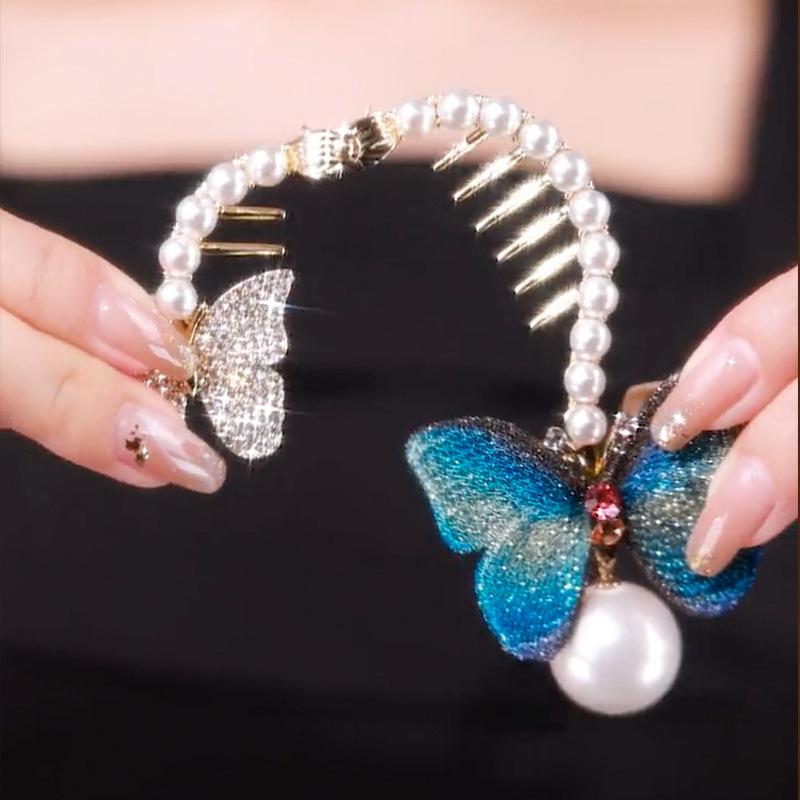 Butterfly Pearl Ponytail Clip Elegant Hair Accessories for Women Temperament Ball Hair Clip Metal Barrettes Headdress Head Buckle