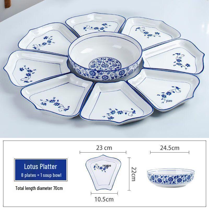 Chinese Underglaze Blue & White Ceramic Platter Set