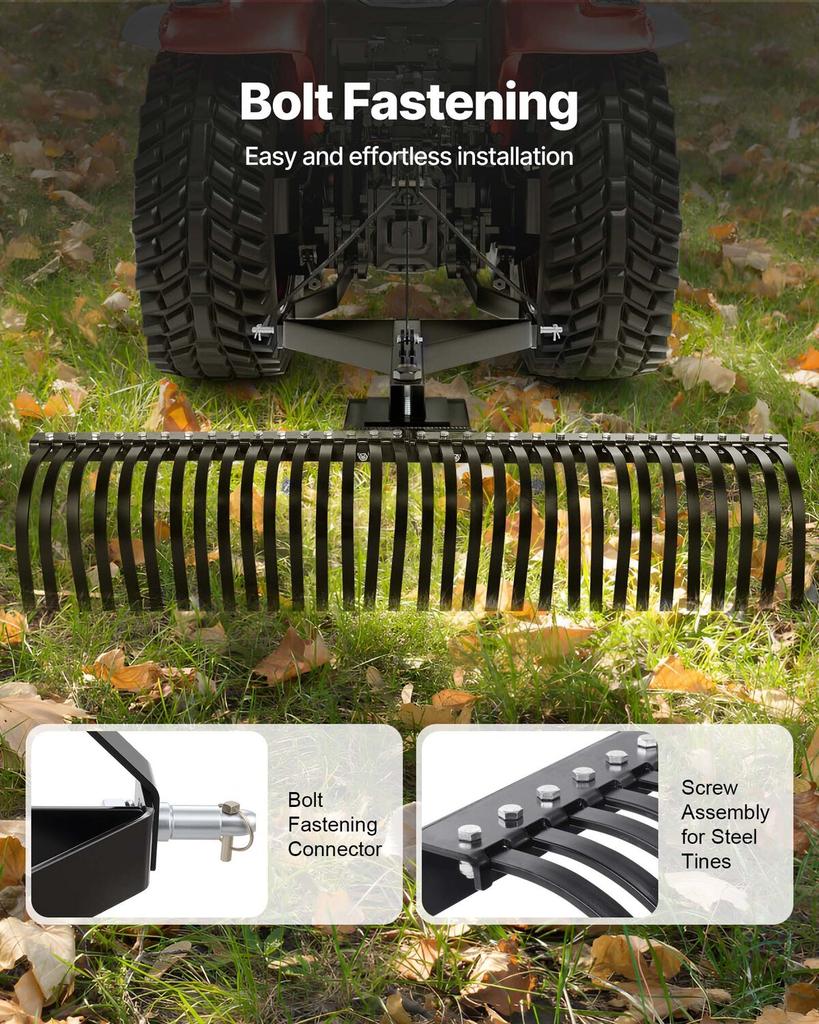 Tow Behind Dethatcher, 1525mm Tow Dethatcher with 32 Steel Tines, 3-Point Lawn Dethatcher Rake with Attachments for Tractor, Landscape Rake for