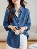 Camicia in Tencel Blu Denim da Donna a Manica Lunga Casual da Ufficio con Tecnologia Antipiega