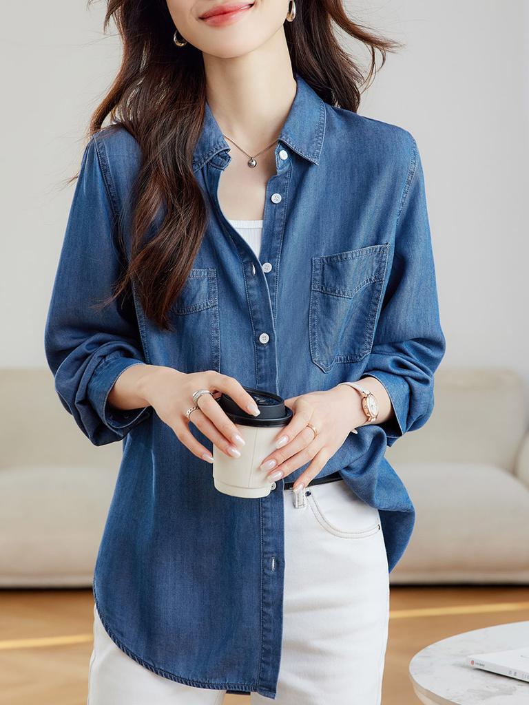 Camicia in Tencel Blu Denim da Donna a Manica Lunga Casual da Ufficio con Tecnologia Antipiega