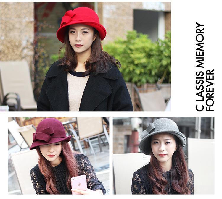 Women's French Wool Felt Bucket Hat with Curled Brim – Warm, Bow-Tied, Autumn/Winter Style