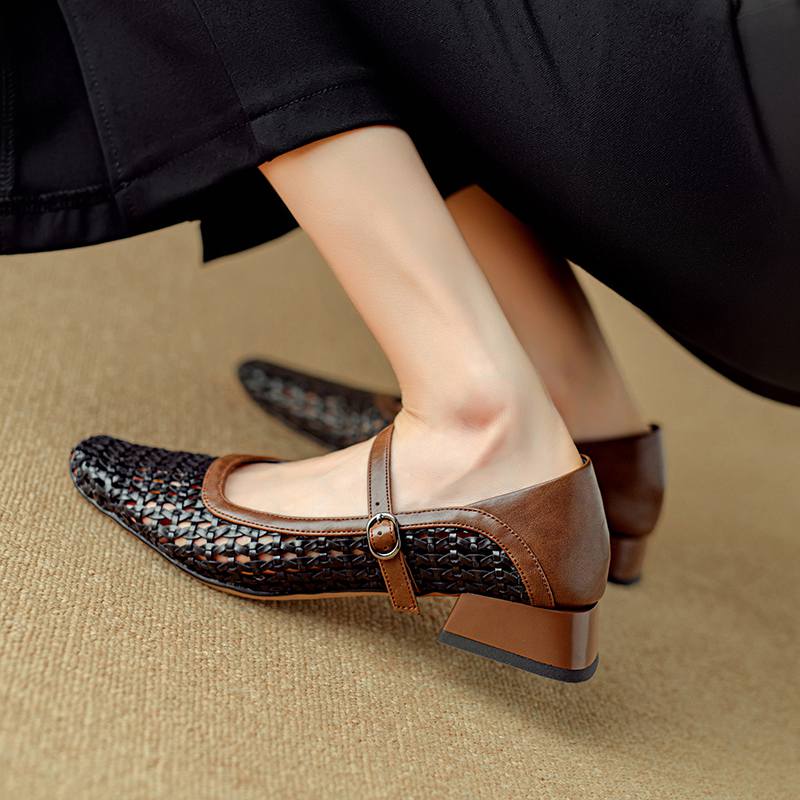 Krazing Pot Cow Skin Weaving Summer Size 41 Low Heels Party Shoes Women Square Toe Gladiator Hollow Out Pumps