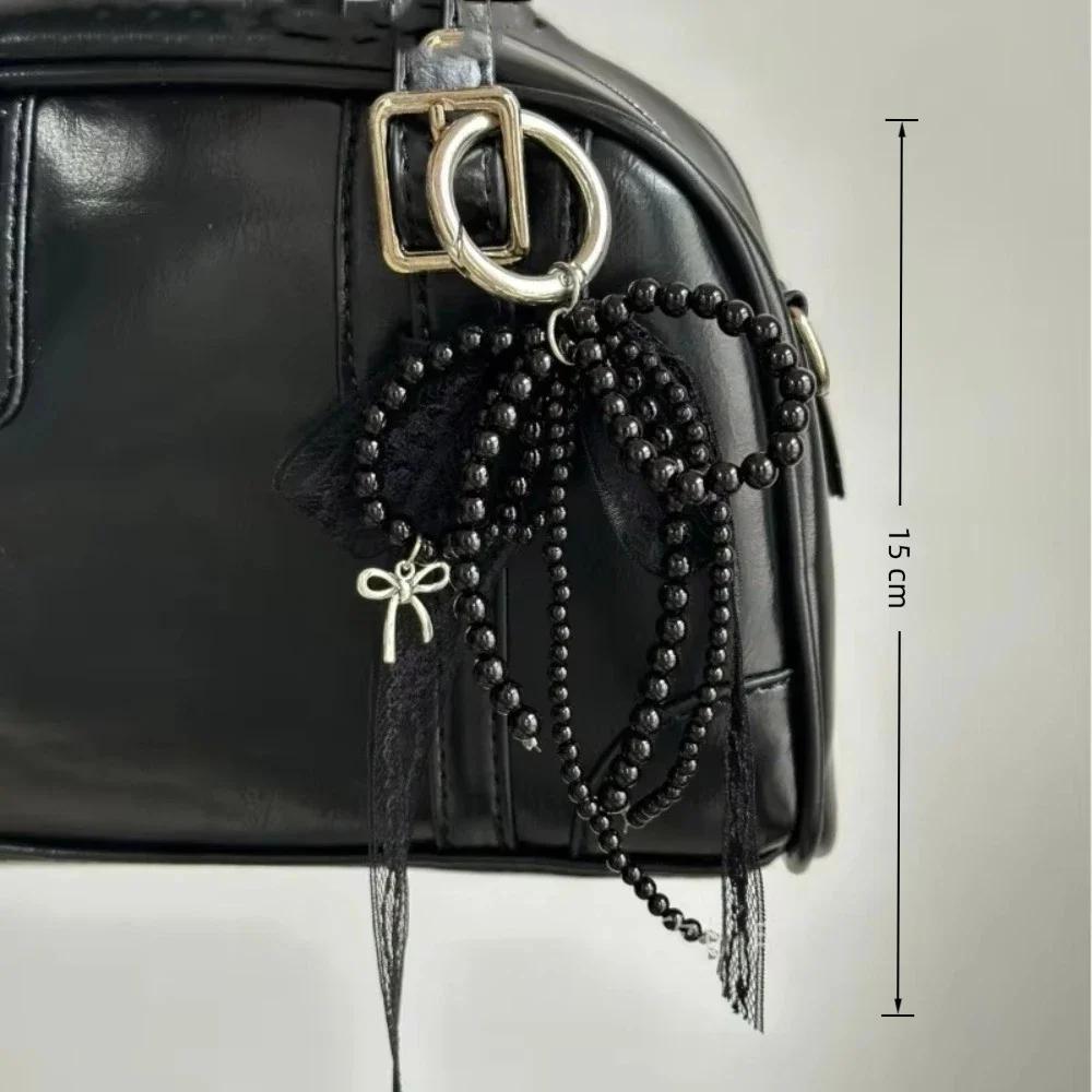 Korean Cute Lace Bow Pearl Beaded Phone Pendant Chain Accessories Aesthetic Ballet Shoes Camera Bag Decoration Keychain Gift