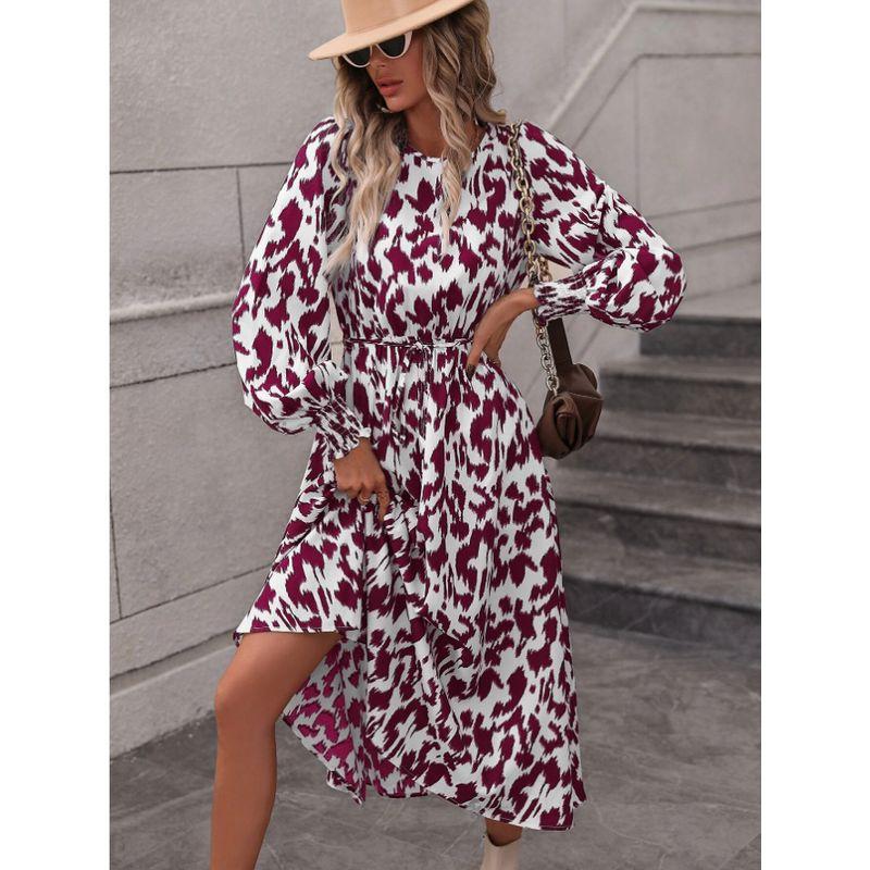 Cross-Border Spring & Fall New Round Neck Leopard Print Print Shoelace Tight Waist A- Line Lantern Long Sleeve Mid Length Long Length Dress Dress