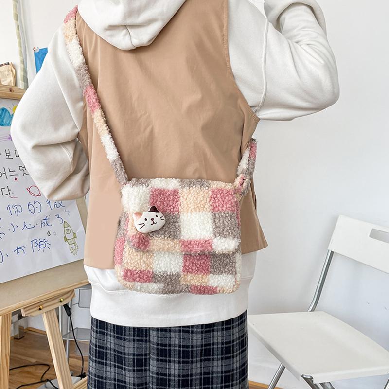 Damen Plüsch Umhängetasche Karomuster Schultertasche Reißverschluss Halbmond Halbkreisform Stoffgeldbörsen Mädchen Niedliche Umhängetaschen