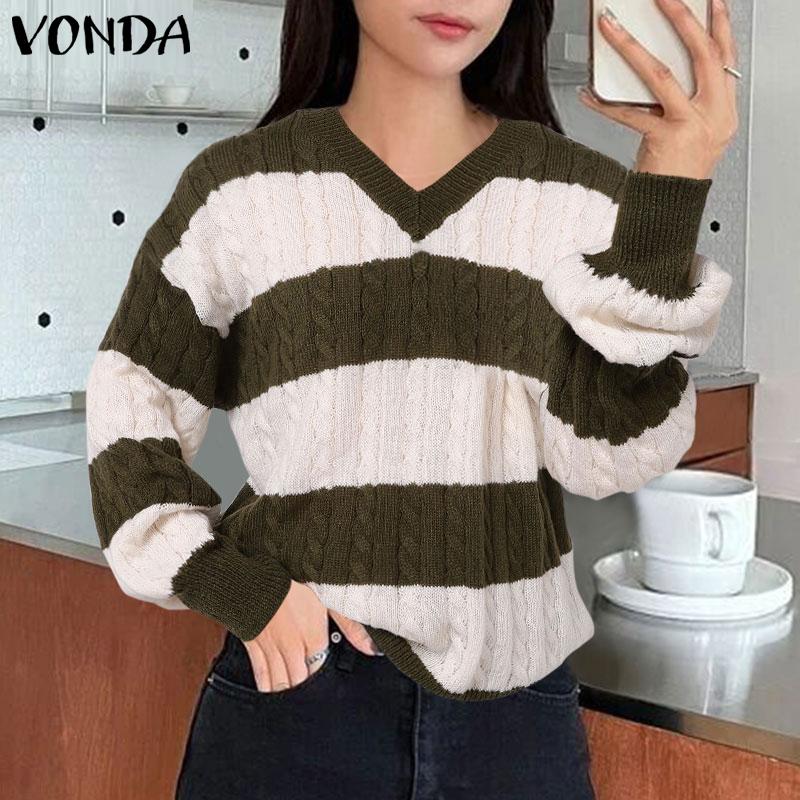 VONDA Autumn Winter Women V-Neck Long Sleeve Striped Knitted Sweaters Pullovers